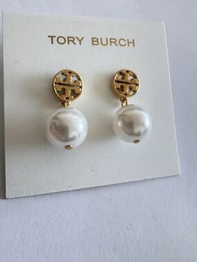 Tory Burch Gold Logo Pearl Drop Earrings